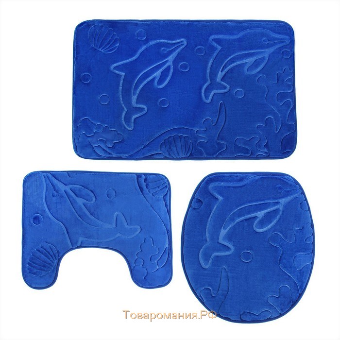 Набор ковриков для ванной и туалета «Дельфины», 3 шт, 39×43 см, 40×50 см, 50×80 см, цвет МИКС