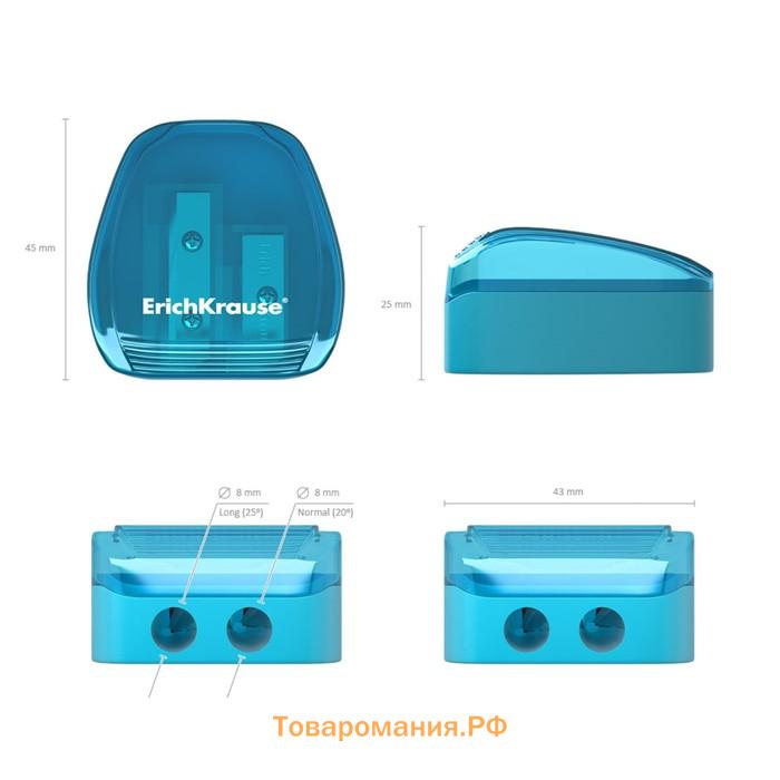 Точилка 2 отверстия ErichKrause Duo, с контейнером, отверстия диаметром 8 мм, в блистере, микс