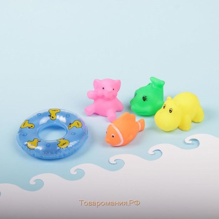 Набор резиновых игрушек для ванны «Зверята с кругом», с пищалкой, 5 шт, виды МИКС, Крошка Я