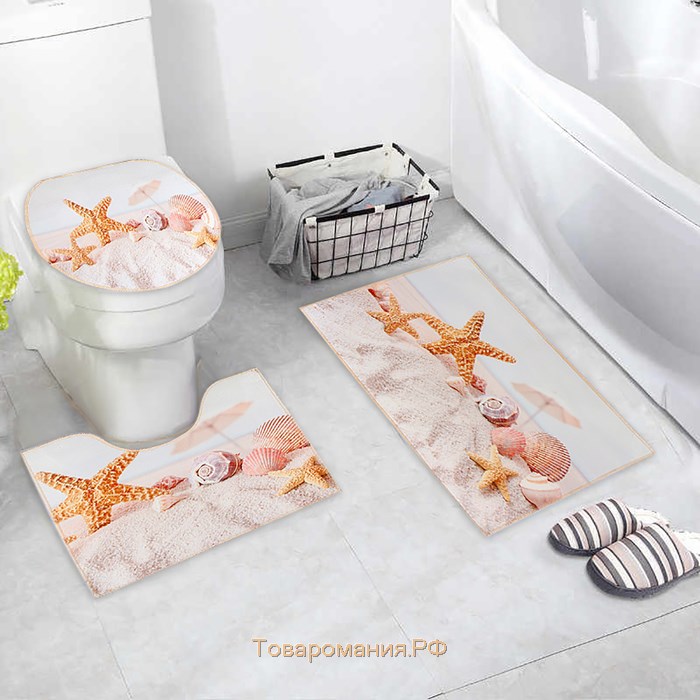 Набор ковриков для ванной и туалета «Ракушки», 3 шт, 38×46 см, 40×45 см, 45×75 см