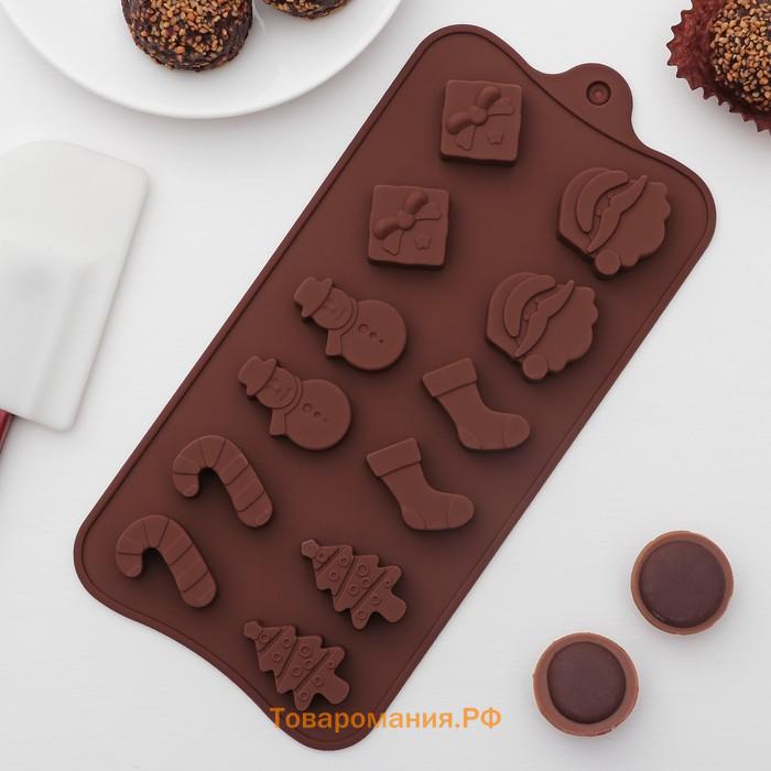 Форма для конфет и шоколада  «Новый год», силикон, 21.5×10 см, 12 ячеек, бирюзовая