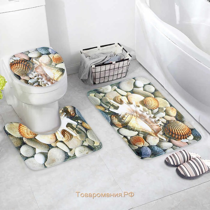 Набор ковриков для ванной и туалета «Ракушки», 3 шт, 37×45 см, 37×45 см, 45×75 см