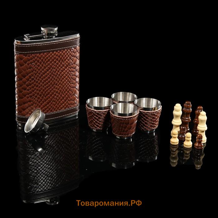 Набор 7 в 1: фляжка 8 oz, чешуя, 4 рюмки, воронка, шахматы, 18 х 24 см