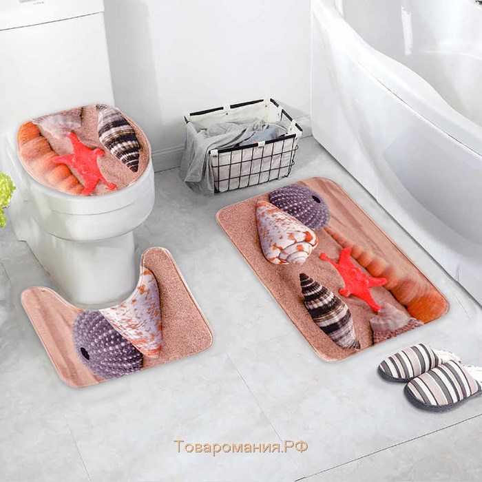Набор ковриков для ванной и туалета «Ракушки на песке», 3 шт, 35×39, 40×50, 45×75 см