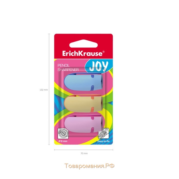 Точилка 1 отверстие ErichKrause Joy, 3 штуки, в блистере, микс