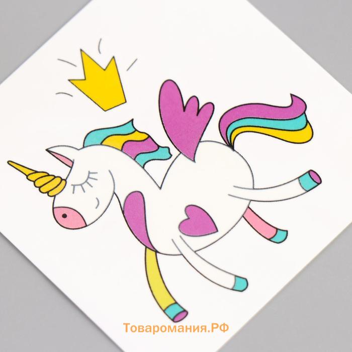 Переводная тату на тело цветная «Единорожек с короной», 6×6 см