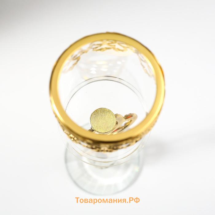 Стеклянный подсвечник на 1 свечу «Сплетение колец и восточный узор», золото, стразы, 25.5×8×8 см