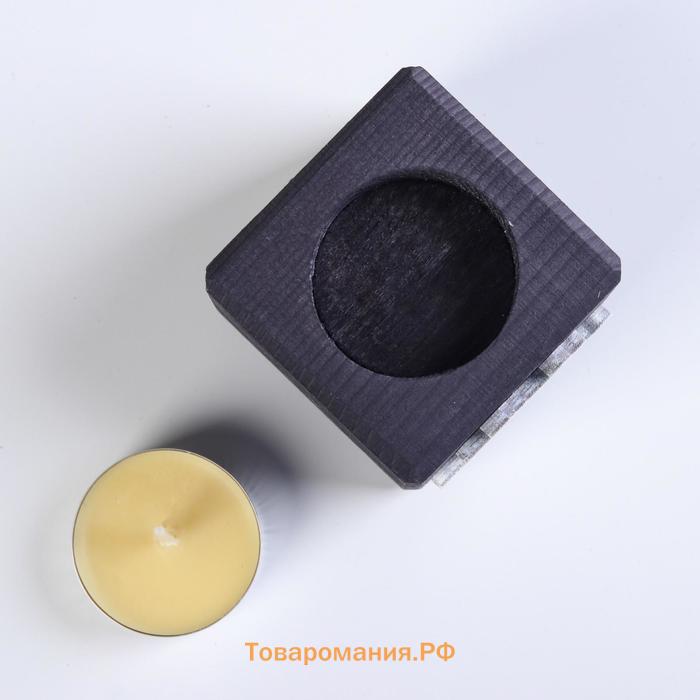 Свеча в деревянном подсвечнике «Куб. Иероглифы. Удача», цвет Эбен, 6×6×6 см, аромат манго