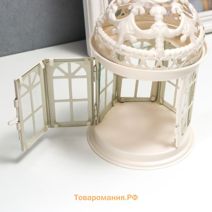 Металлический подсвечник-фонарь на 1 свечу «Ажурная беседка», белый, 12.5×12.5×21 см