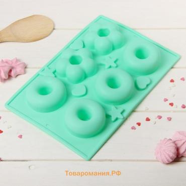 Форма для выпечки  «Сладости. Пончик и Ромашка», силикон, 25.5×17.5 см, 6 ячеек, МИКС