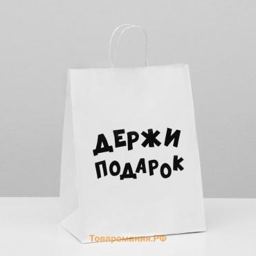 Пакет подарочный с приколами, крафт «Держи подарок», белый, 24×10.5×32 см