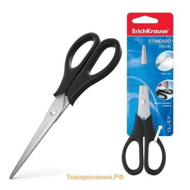 Ножницы ErichKrause Standard, 17 см, с улучшенной двойной заточкой, лезвия из нержавеющей стали, чёрные